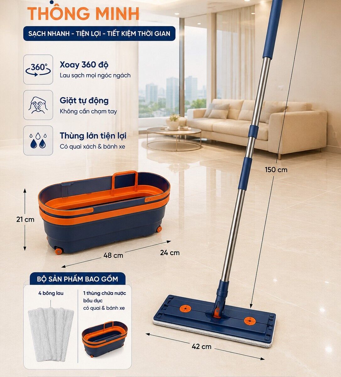 BỘ LAU NHÀ TỰ VẮT KÈM CHẬU TẶNG 4 BÔNG LAU