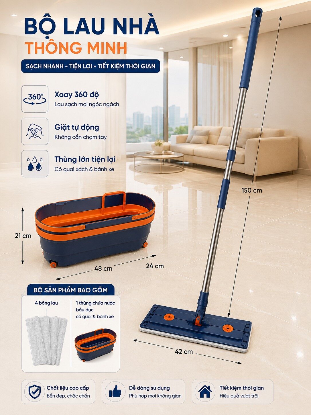 BỘ LAU NHÀ TỰ VẮT KÈM CHẬU TẶNG 4 BÔNG LAU