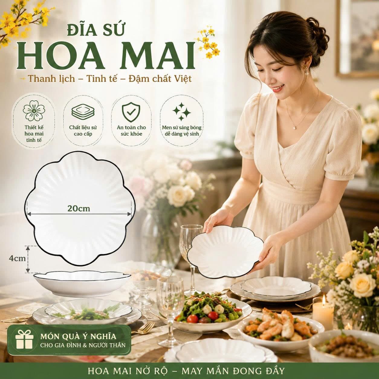 ĐĨA SỨ HOA MAI VIỀN ĐEN 20CM
