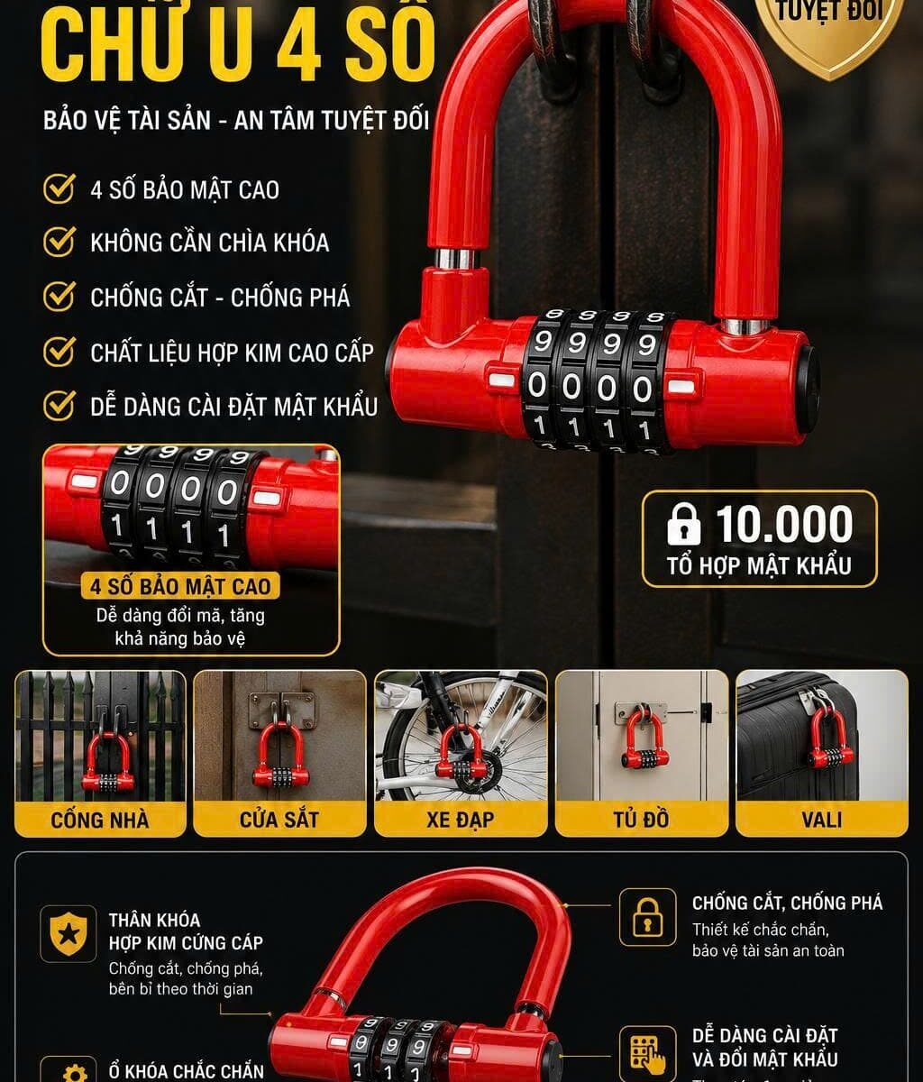 Ổ KHÓA CHỮ U MẬT MÃ 4 SỐ