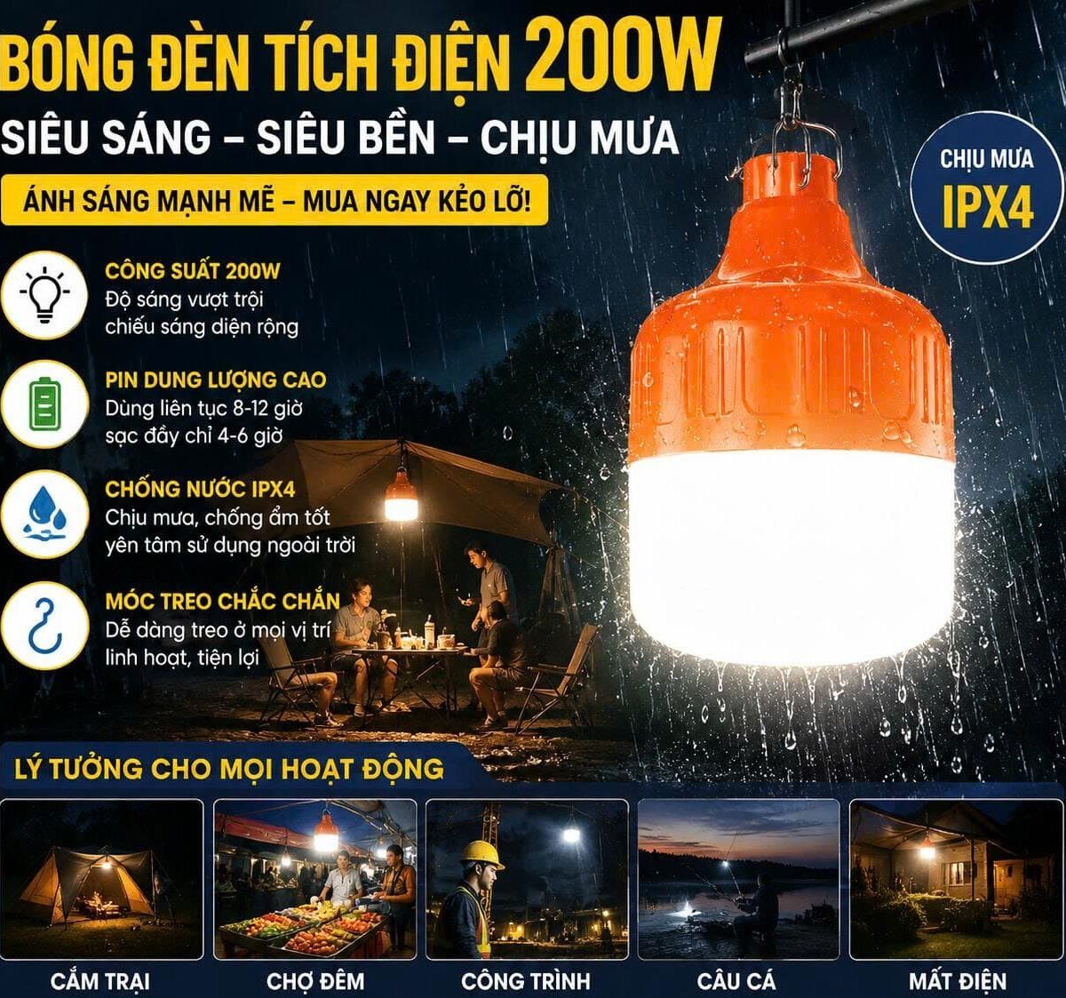 BÓNG ĐÈN CAM SẠC TÍCH ĐIỆN 200W CÓ MÓC TREO