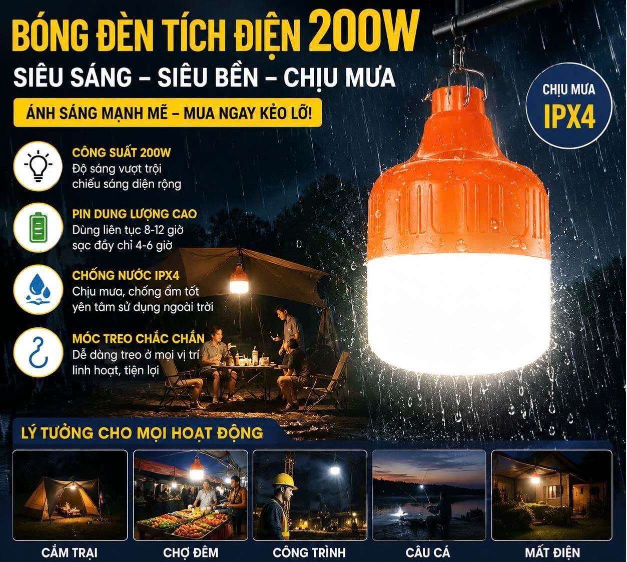 BÓNG ĐÈN CAM SẠC TÍCH ĐIỆN 200W CÓ MÓC TREO 1 BÓNG ĐÈN CAM SẠC TÍCH ĐIỆN 200W CÓ MÓC TREO