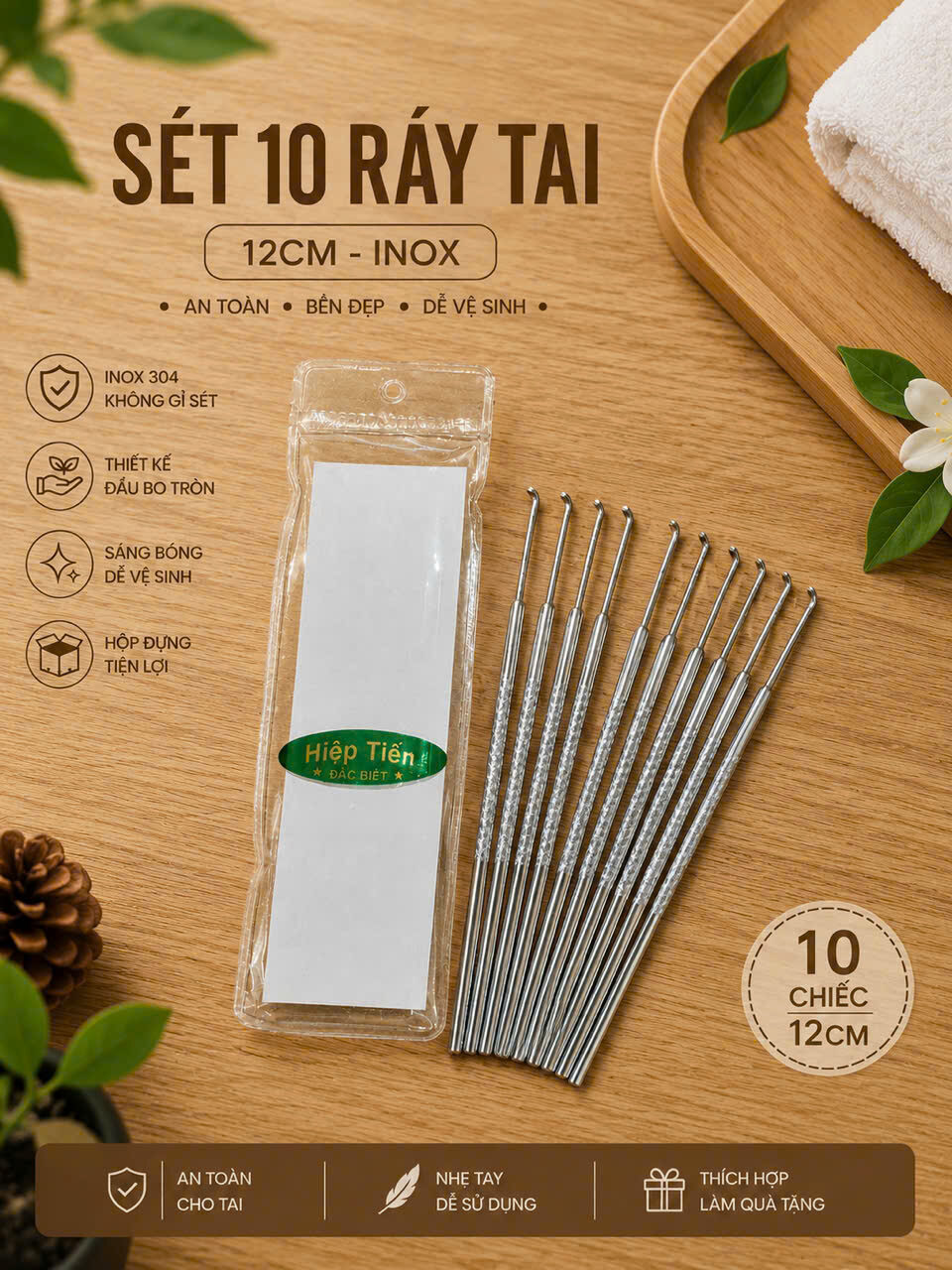 SÉT 10 CÂY RÁY TAI INOX 12CM