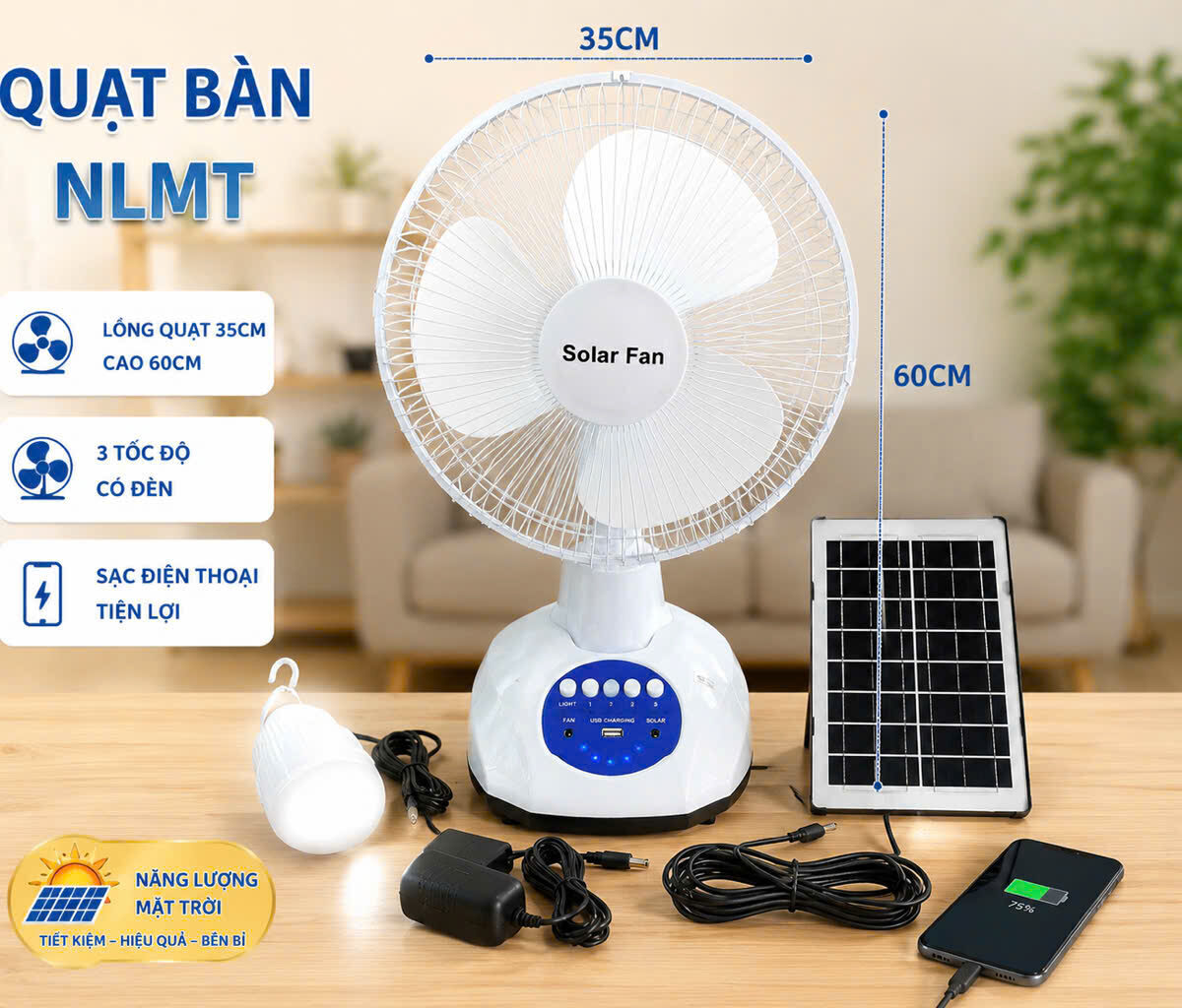 QUẠT BÀN NLMT CÓ ĐÈN KÈM TẤM PIN