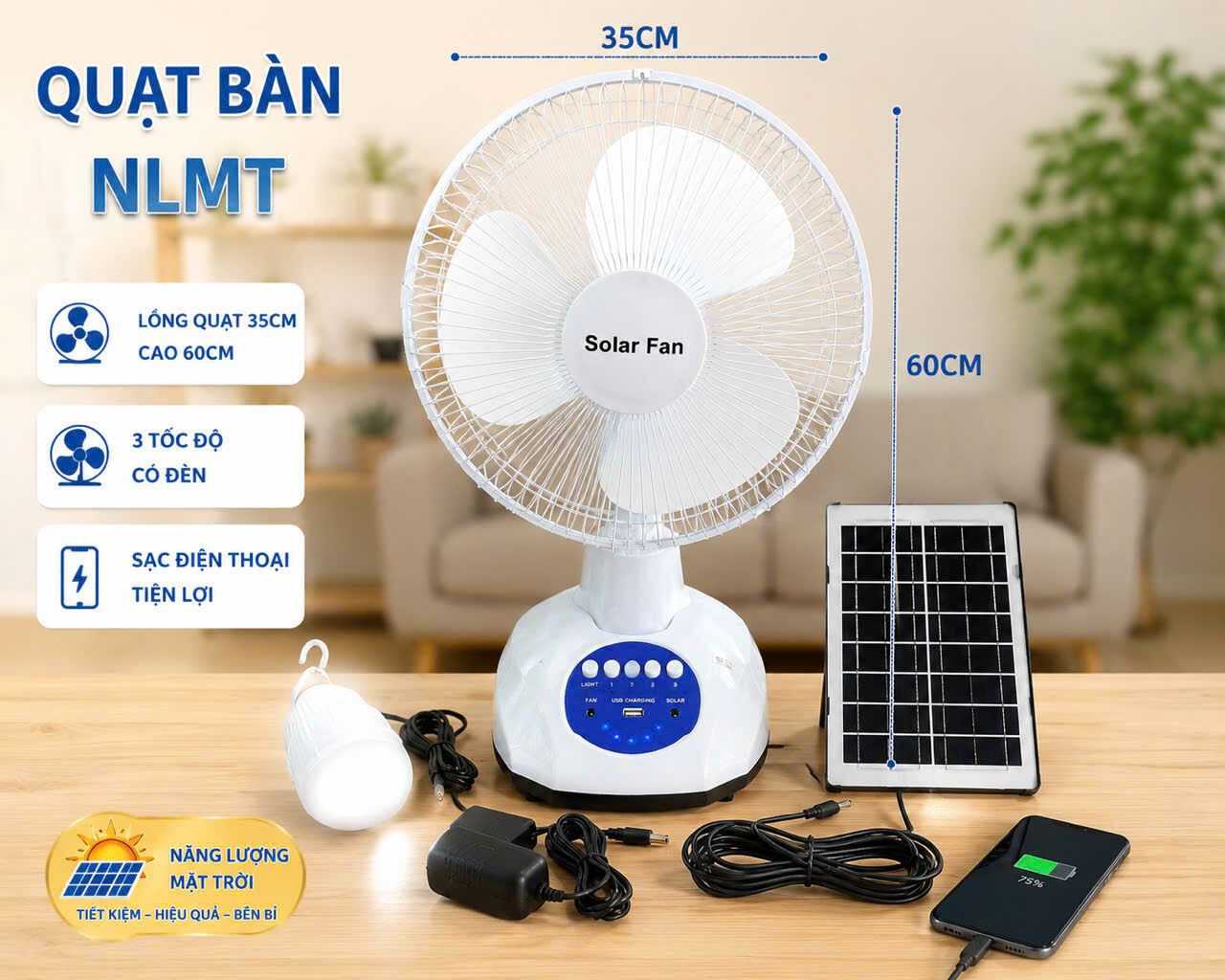QUẠT BÀN NLMT CÓ ĐÈN KÈM TẤM PIN
