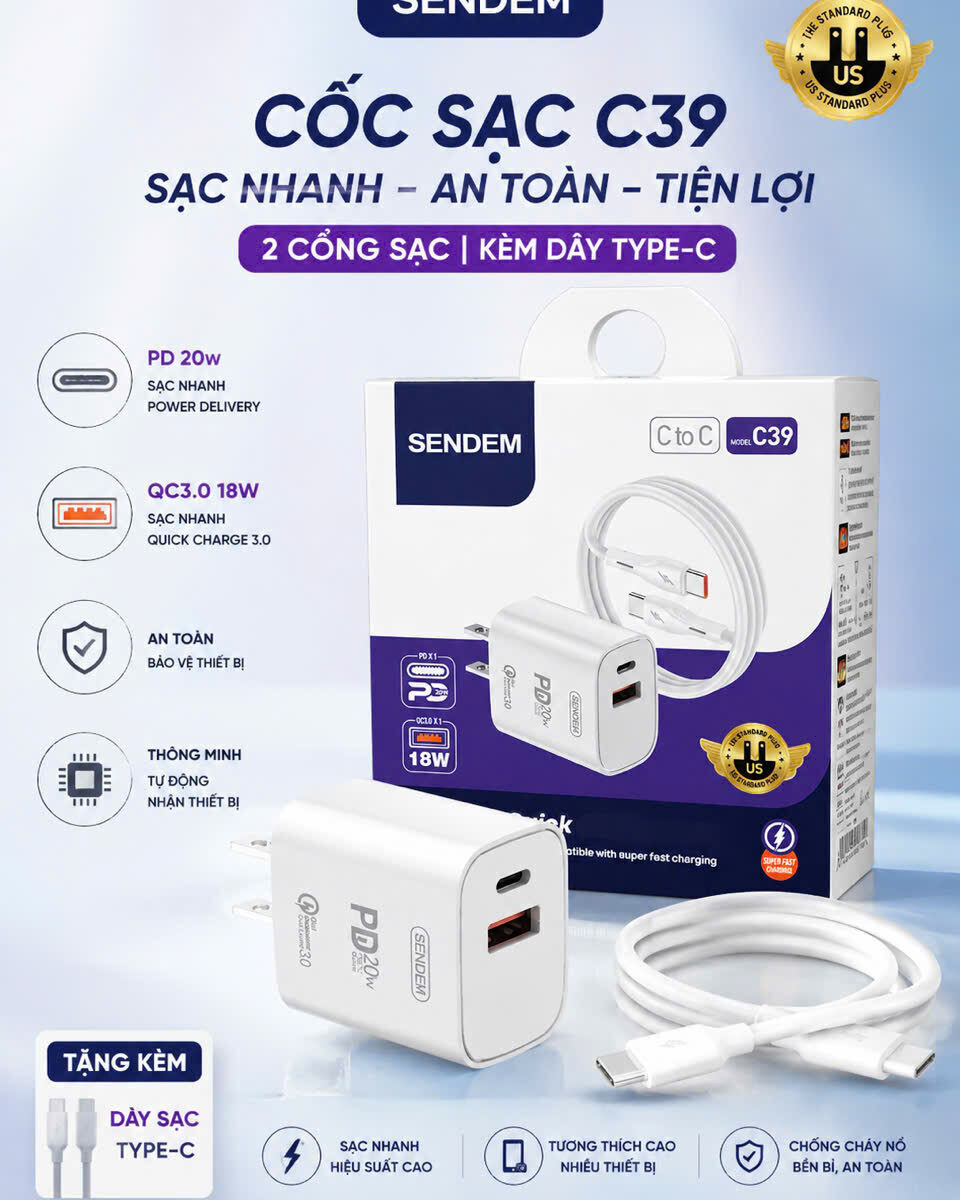 BỘ SẠC SENDEM 2 CỔNG KÈM DÂY SẠC C39