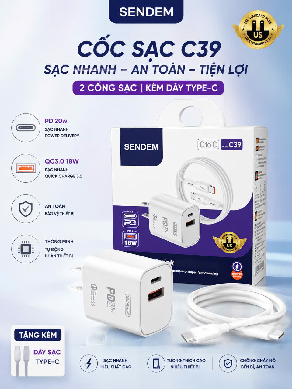BỘ SẠC SENDEM 2 CỔNG KÈM DÂY SẠC C39