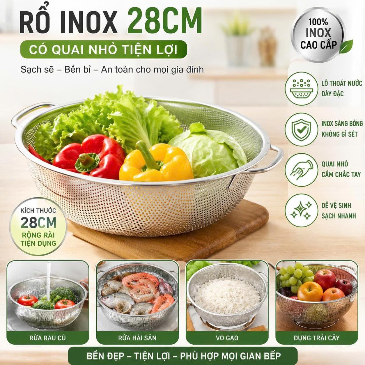 RỔ INOX 28CM CÓ QUAI NHỎ