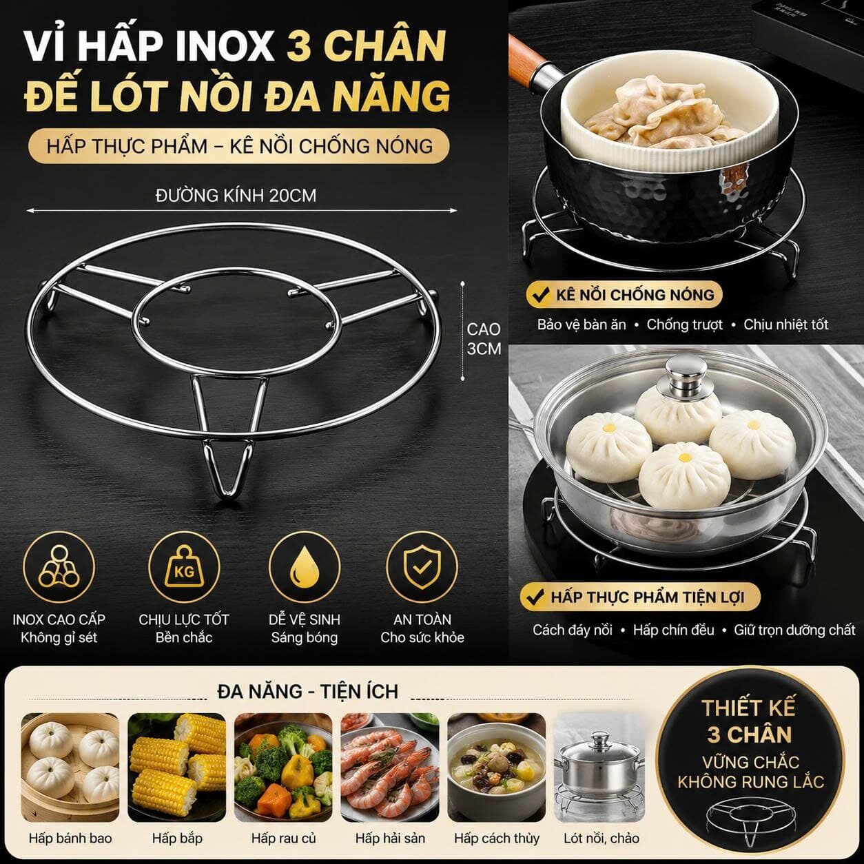 ĐẾ LÓT NỒI INOX 20CM 3 CHÂN