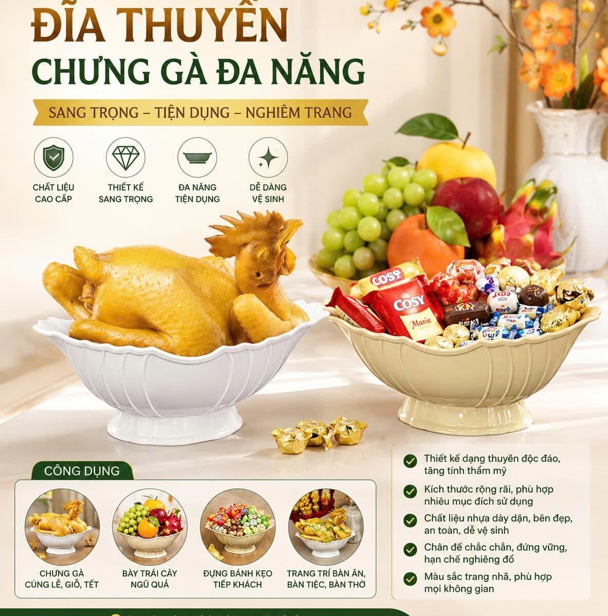ĐĨA THUYỀN CHƯNG GÀ,HOA QUẢ ,BÁNH KẸO
