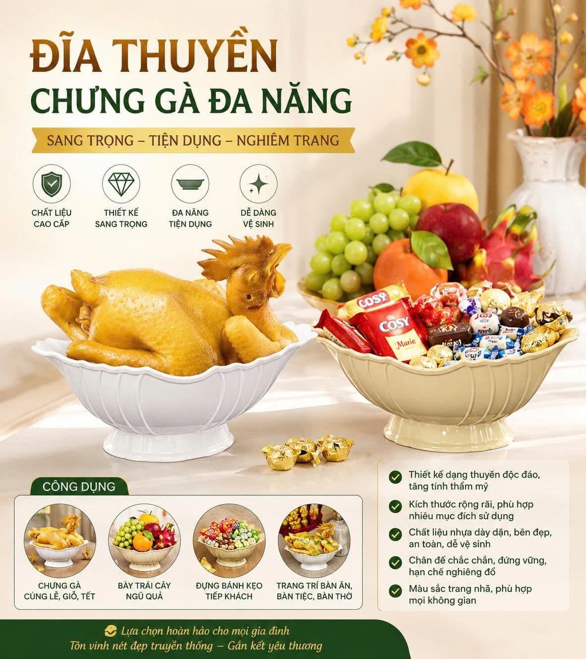 ĐĨA THUYỀN CHƯNG GÀ,HOA QUẢ ,BÁNH KẸO 1 ĐĨA THUYỀN CHƯNG GÀ,HOA QUẢ ,BÁNH KẸO