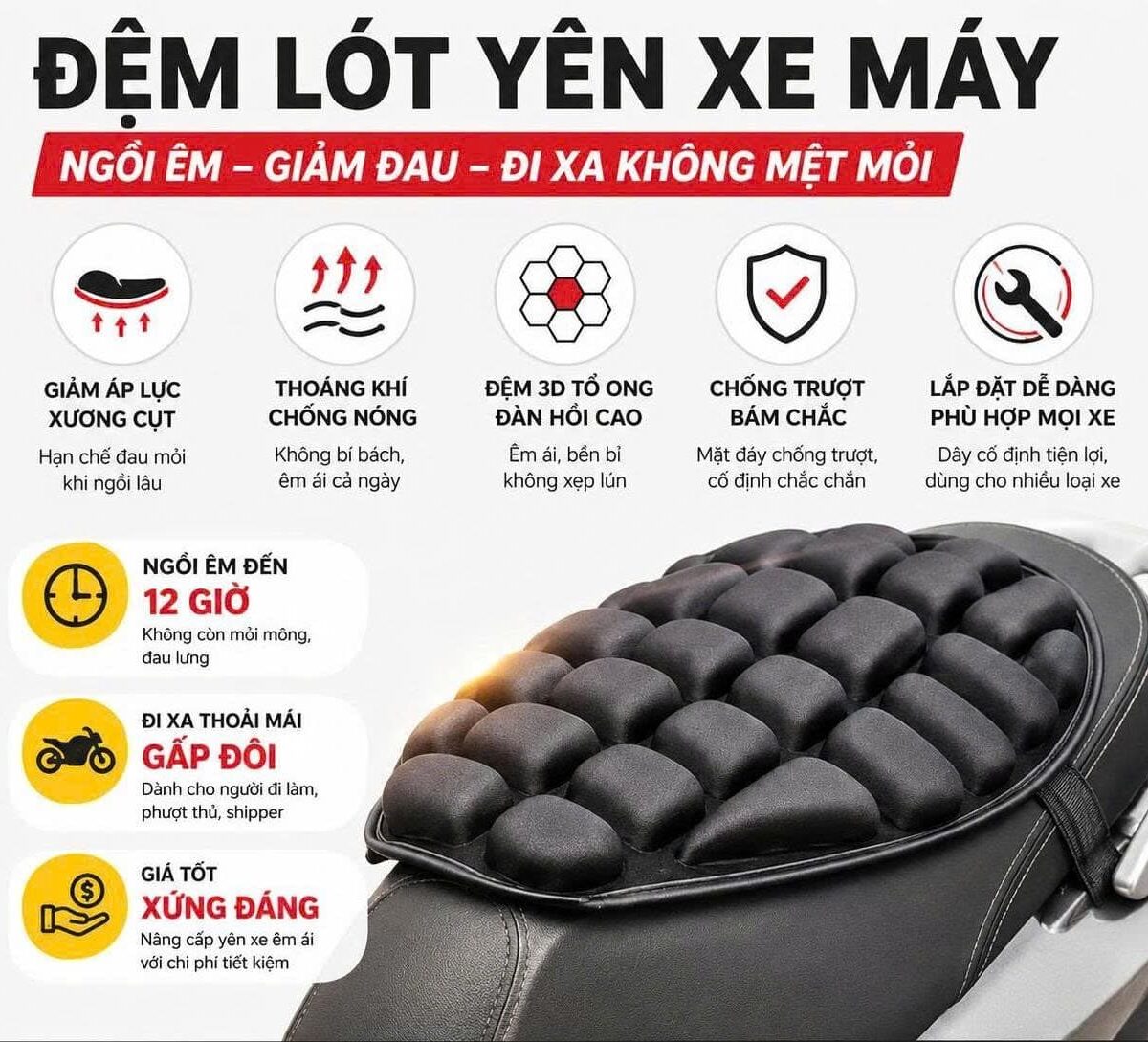 ĐỆM NGỒI 3D LÓT YÊN XE MÁY D99