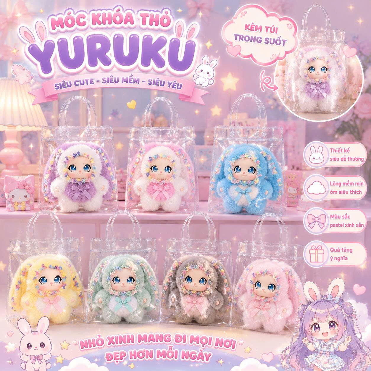 MÓC KHOÁ THỎ YURUKU KÈM TÚI TRONG