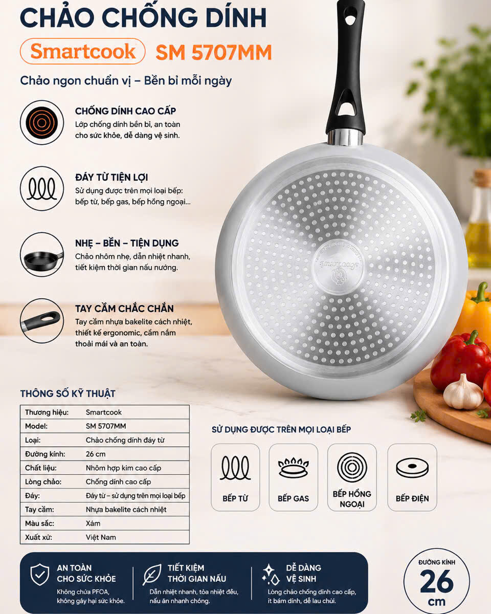 CHẢO CHỐNG DÍNH ĐÁY TỪ SMARTCOOK SM 5707MN