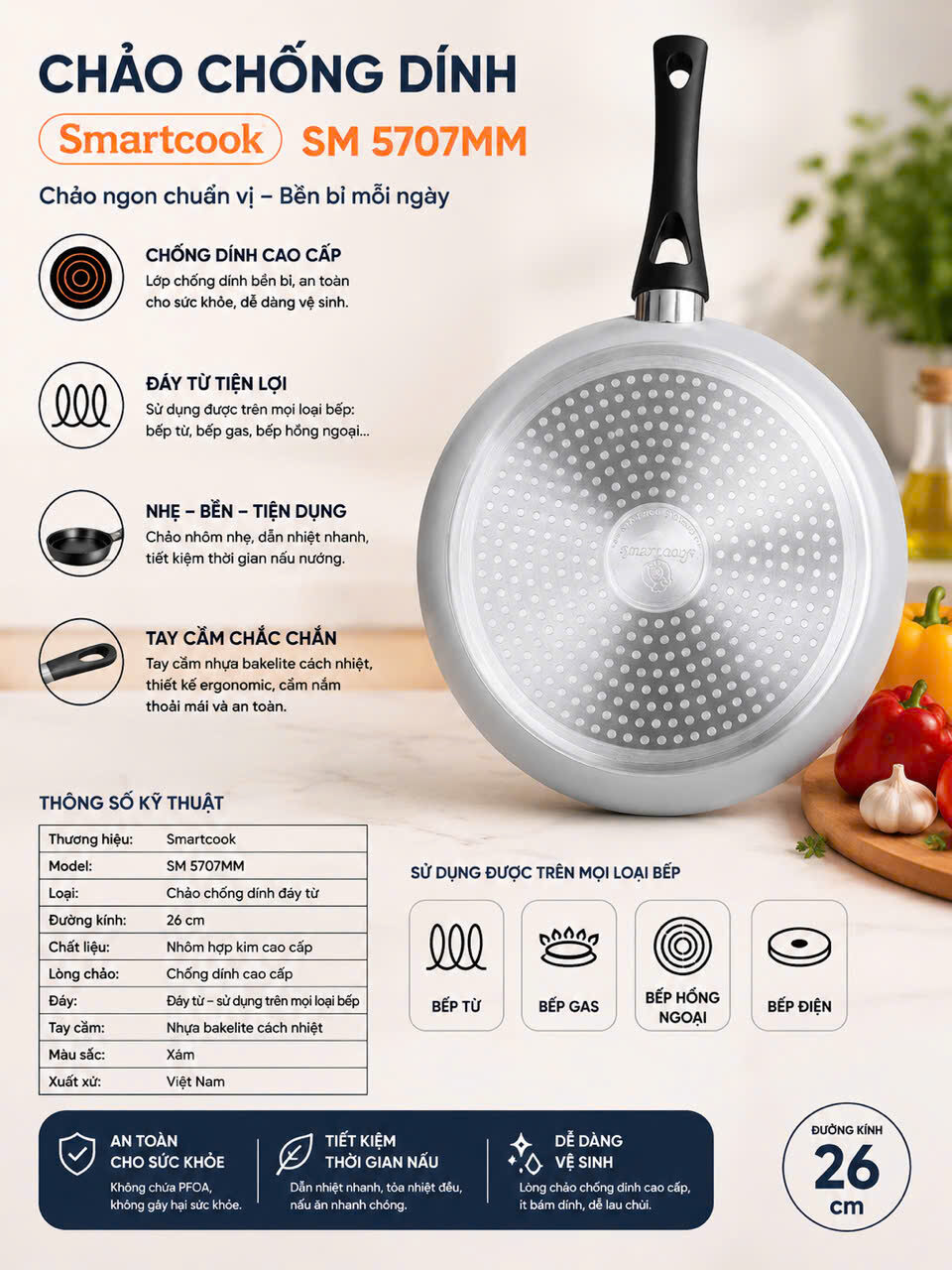 CHẢO CHỐNG DÍNH ĐÁY TỪ SMARTCOOK SM 5707MN