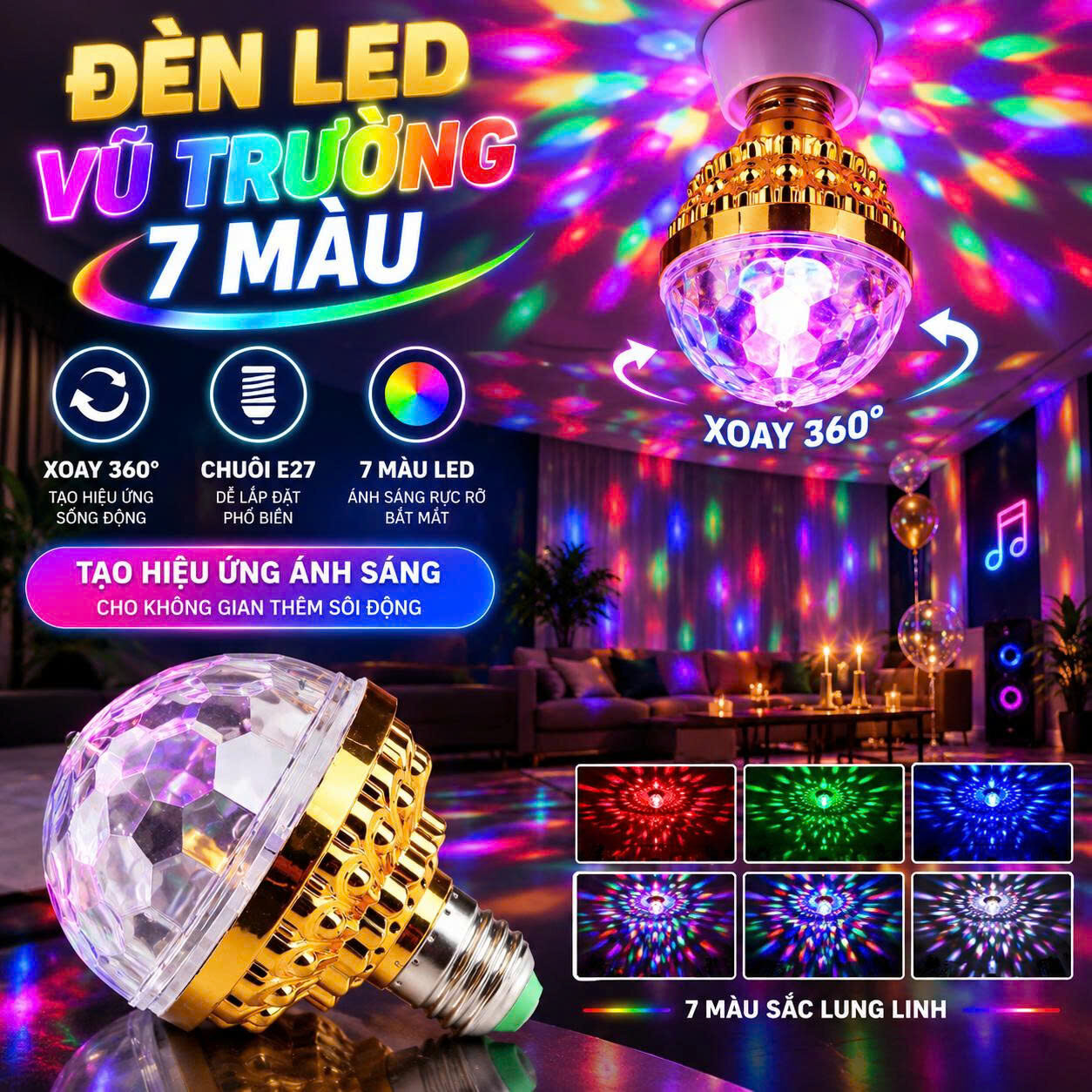 ĐÈN XOAY PHA LÊ 7 MÀU ĐUÔI VẶN E27 1 ĐÈN XOAY PHA LÊ 7 MÀU ĐUÔI VẶN E27