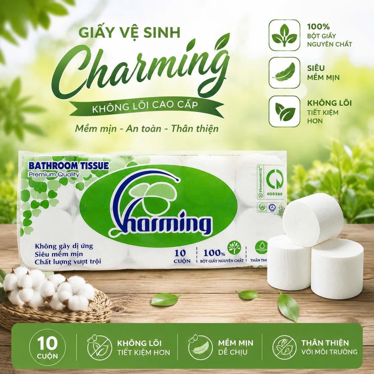 LỐC 10 CUỘN GIẤY VỆ SINH KO LÕI CHARMING