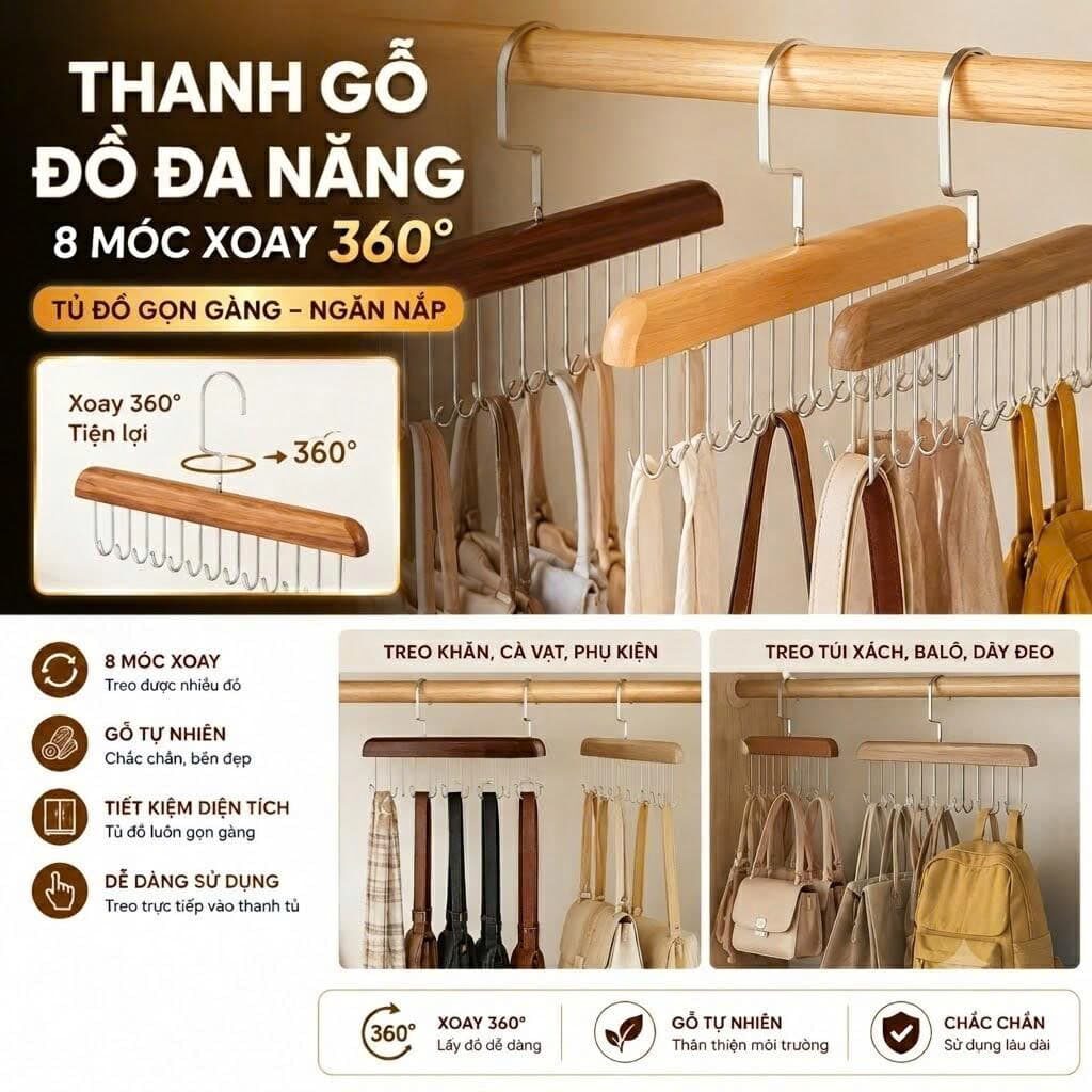 THANH GỖ TREO ĐỒ 8 MÓC XOAY 360
