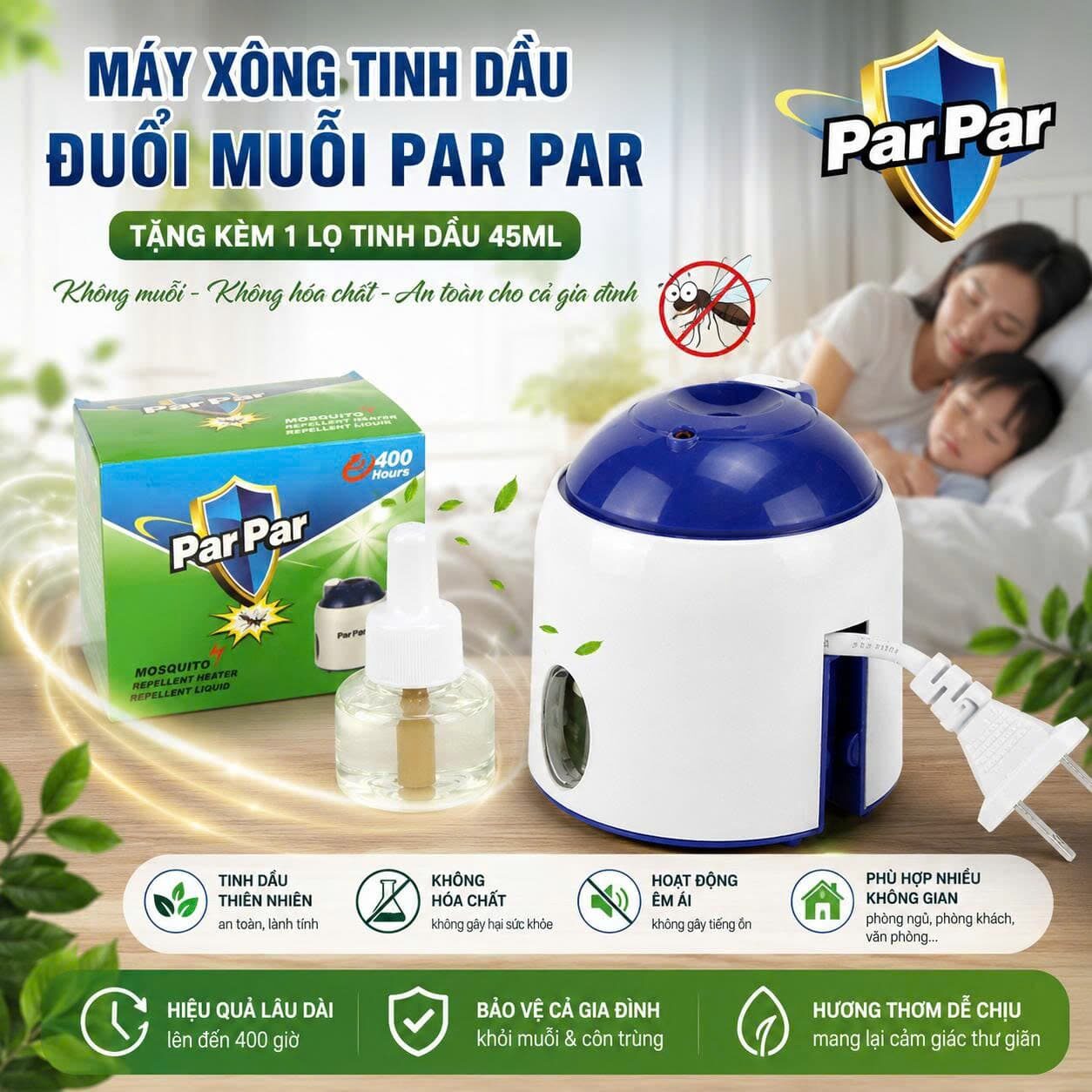 BỘ MÁY XÔNG TINH DẦU ĐUỔI MUỖI PAR PAR