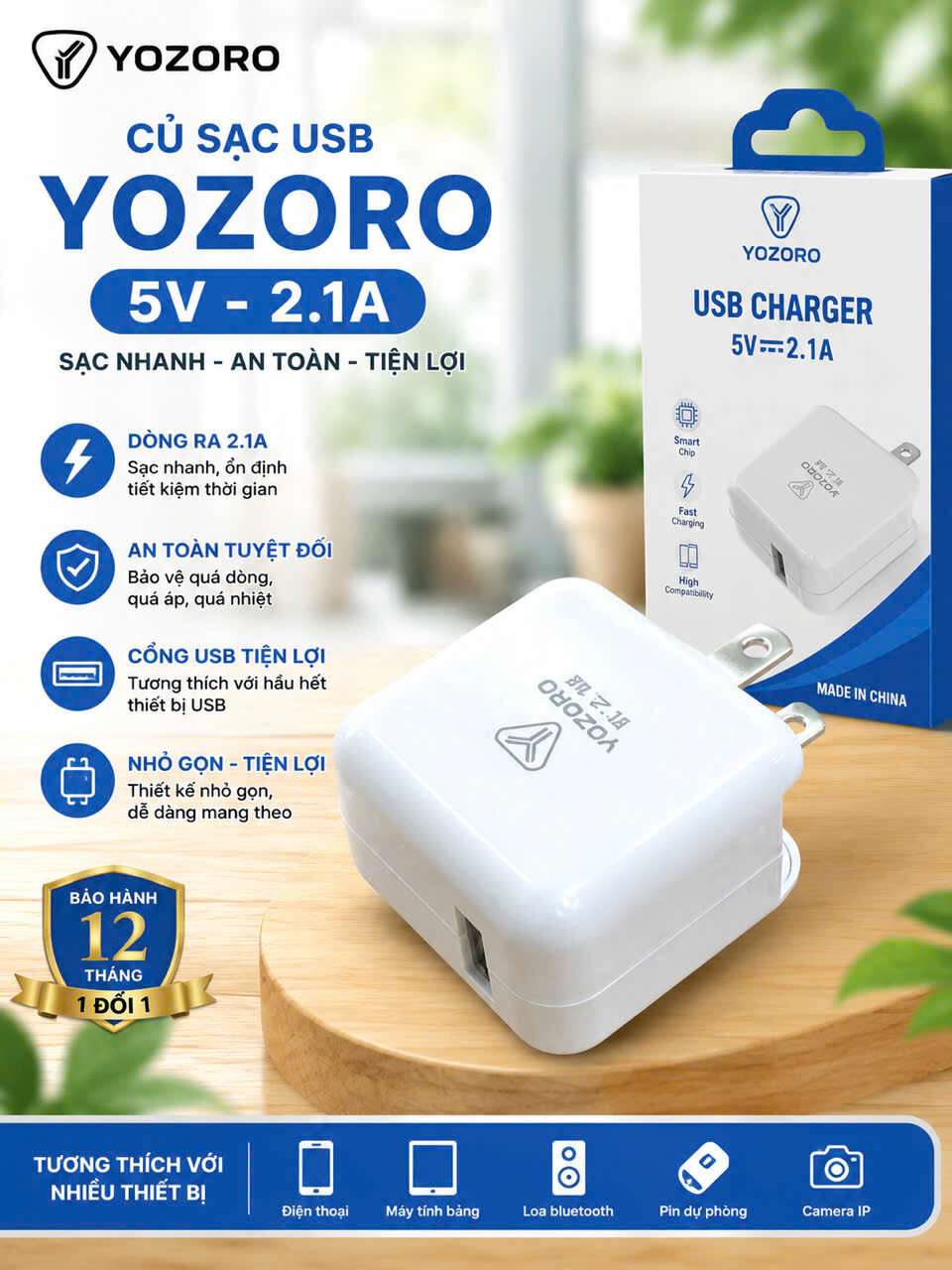 CỦ SẠC USB YOZORO 5V-2.1A