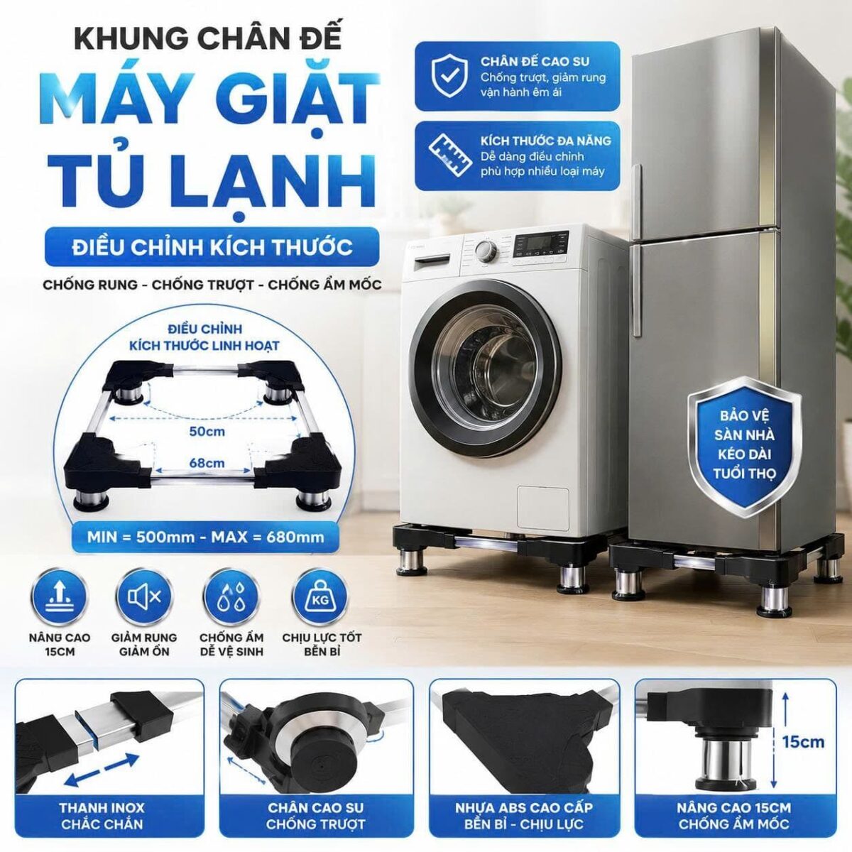 CHÂN GIÁ ĐỠ TỦ LẠNH, MÁY GIẶT INOX CAO CẤP TP 68A