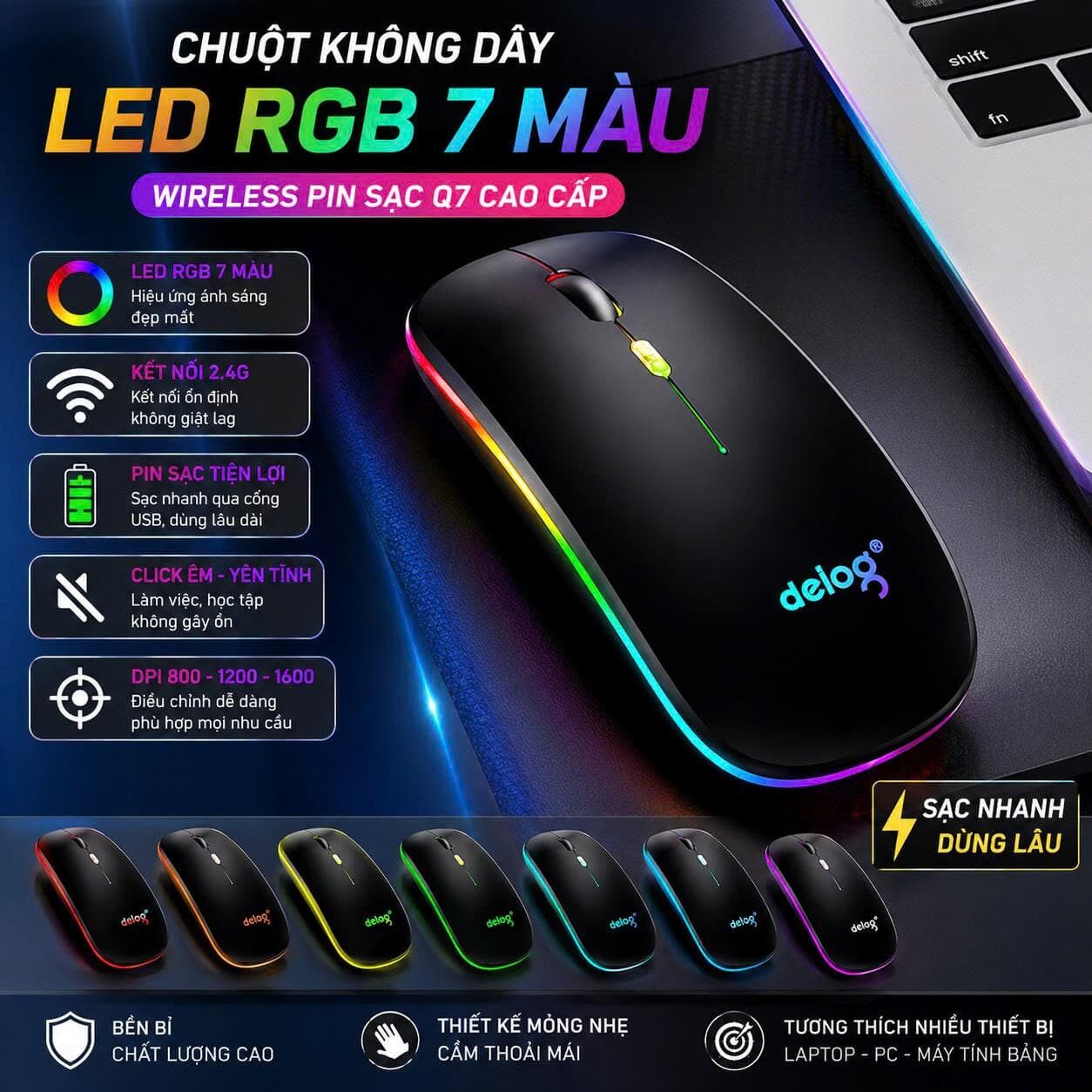 CHUỘT KHÔNG DÂY PIN SẠC DEIOG Q7 LED RGB 1 CHUỘT KHÔNG DÂY PIN SẠC DEIOG Q7 LED RGB