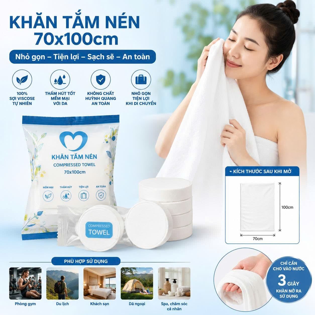 KHĂN TẮM NÉN DU LỊCH COTTON 70 X 100 CM