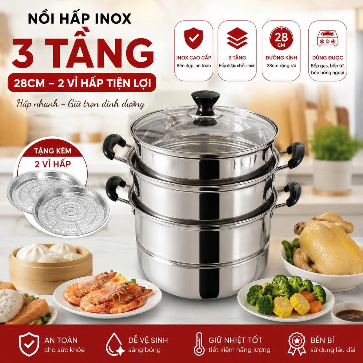 NỒI HẤP INOX 3 TẦNG 28CM 1 NỒI HẤP INOX 3 TẦNG 28CM