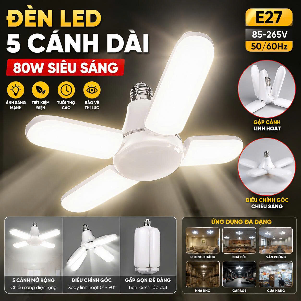 ĐÈN LED 5 CÁNH DÀI SIÊU SÁNG 80W 1 ĐÈN LED 5 CÁNH DÀI SIÊU SÁNG 80W