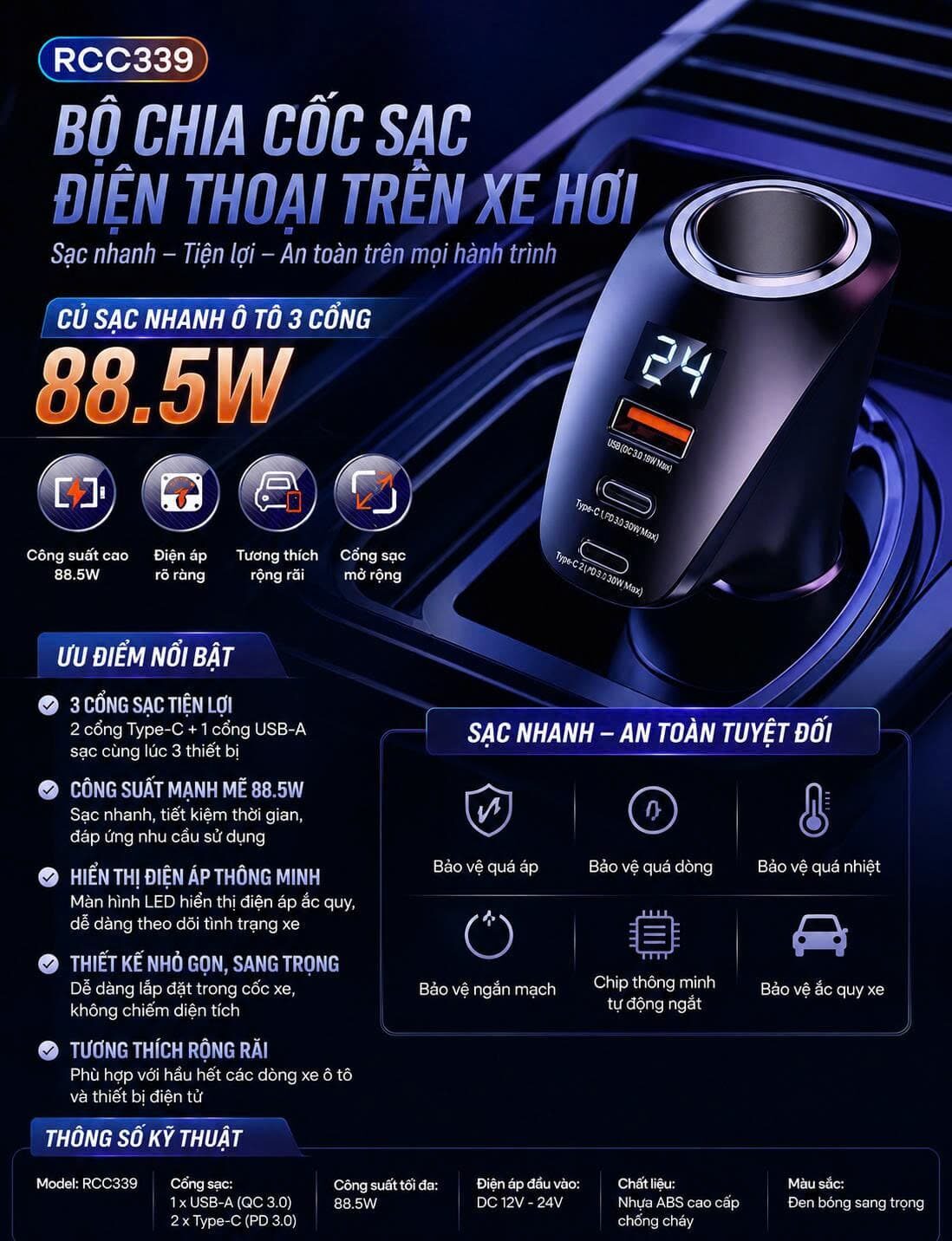 CỐC SẠC XE HƠI CHIA TÂU SẠC REMAX RC-339